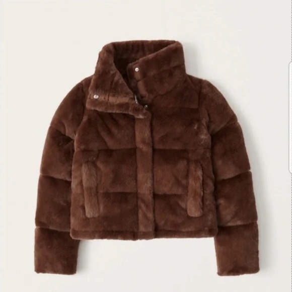 ABERCROMBIE & FITCH | Brown Faux Fur Quilted Puffer Funnel Neck Jacket | Size S - Picture 2 of 16